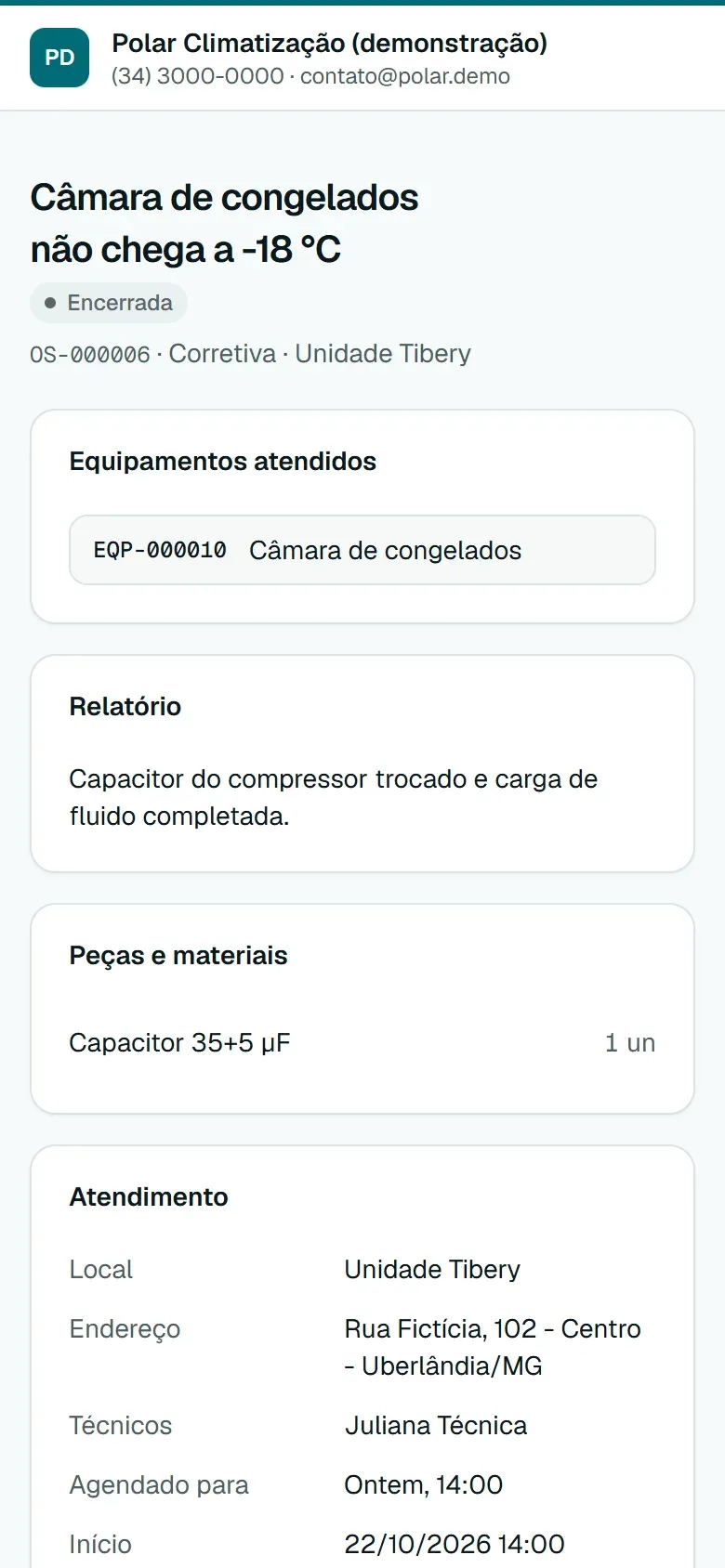 OS enviada ao cliente por link, com o relatório, as peças usadas e os dados do atendimento
